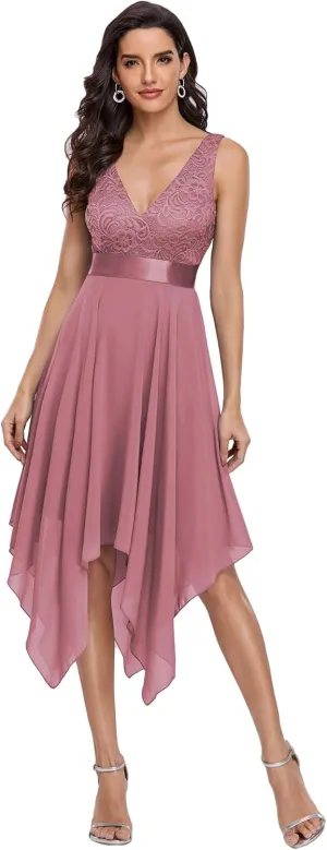 Ever-Pretty Women's Vintage V Neck Irregular Hem Lace A Line Chiffon Cocktail Dresses 00207