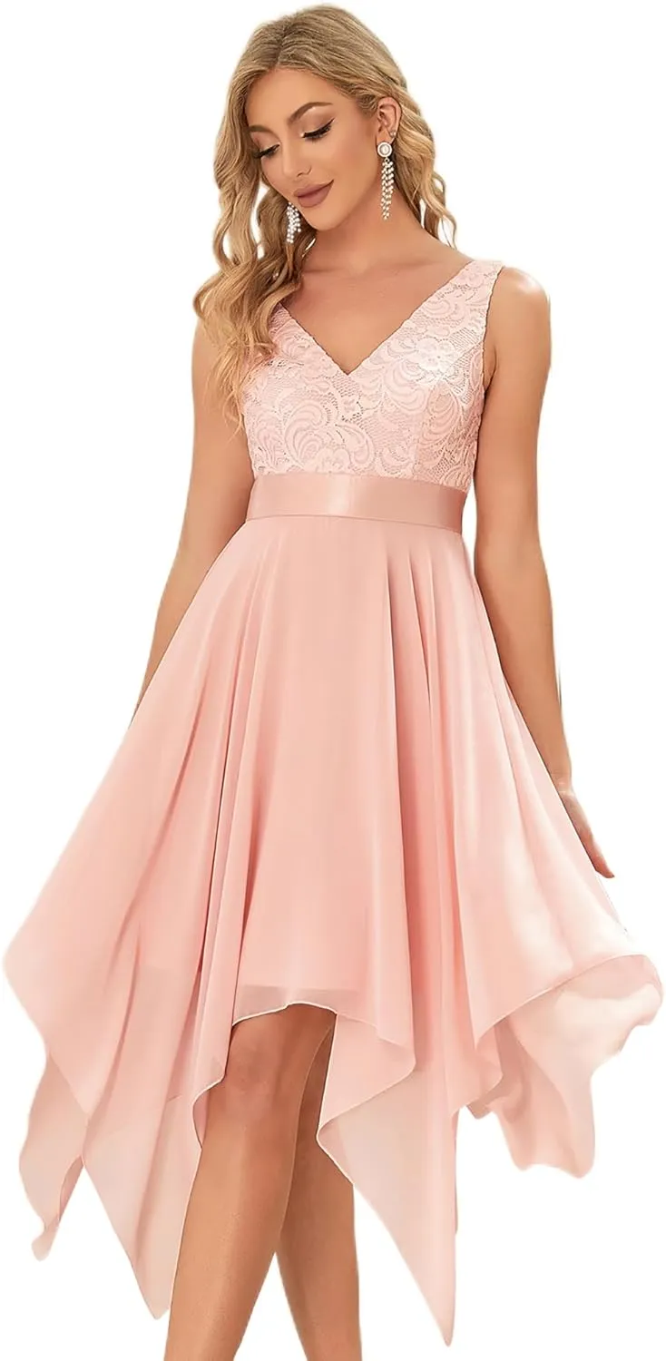 Ever-Pretty Women's Vintage V Neck Irregular Hem Lace A Line Chiffon Cocktail Dresses 00207