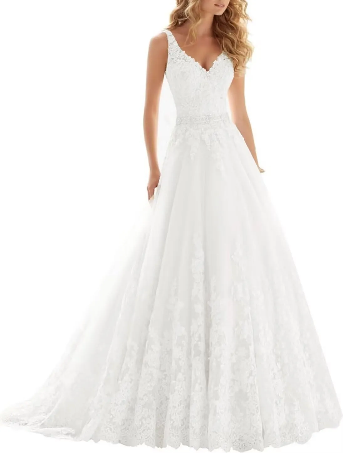 Fair Lady Wedding Dresses for Bride 2025 V Neck Beaded Straps Lace Appliques Bridal Gown for Women