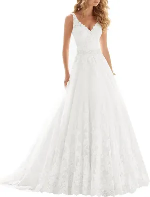 Fair Lady Wedding Dresses for Bride 2025 V Neck Beaded Straps Lace Appliques Bridal Gown for Women