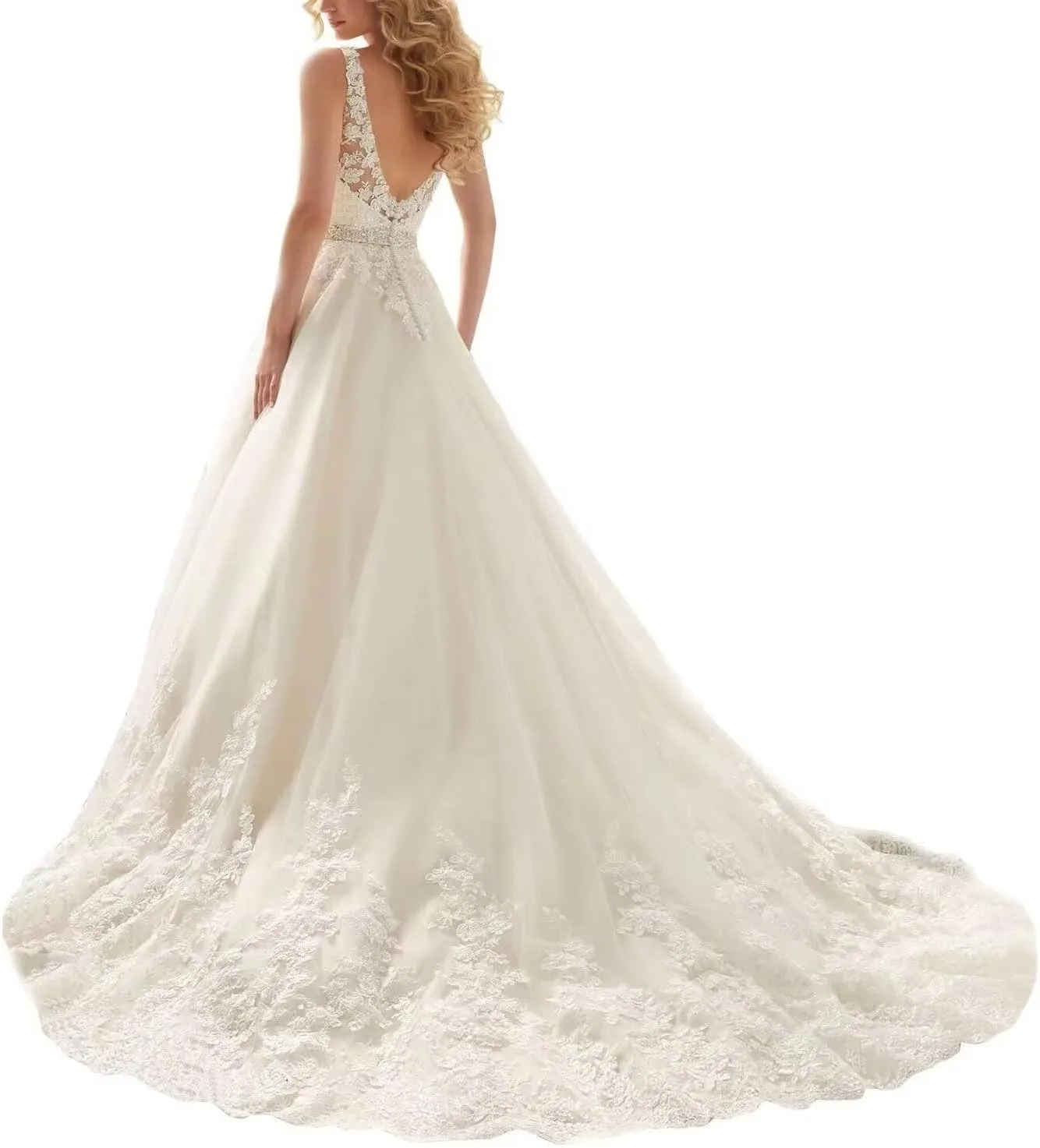 Fair Lady Wedding Dresses for Bride 2025 V Neck Beaded Straps Lace Appliques Bridal Gown for Women