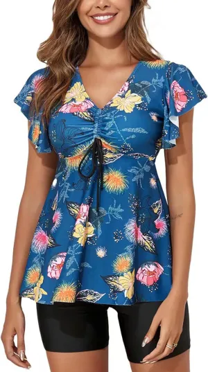 Fanuerg Women's Tankini Swimsuits Ruffled Flowy Tankini Tops with Boy Shorts Swimwear Tummy Control Two Piece Bathing Suits