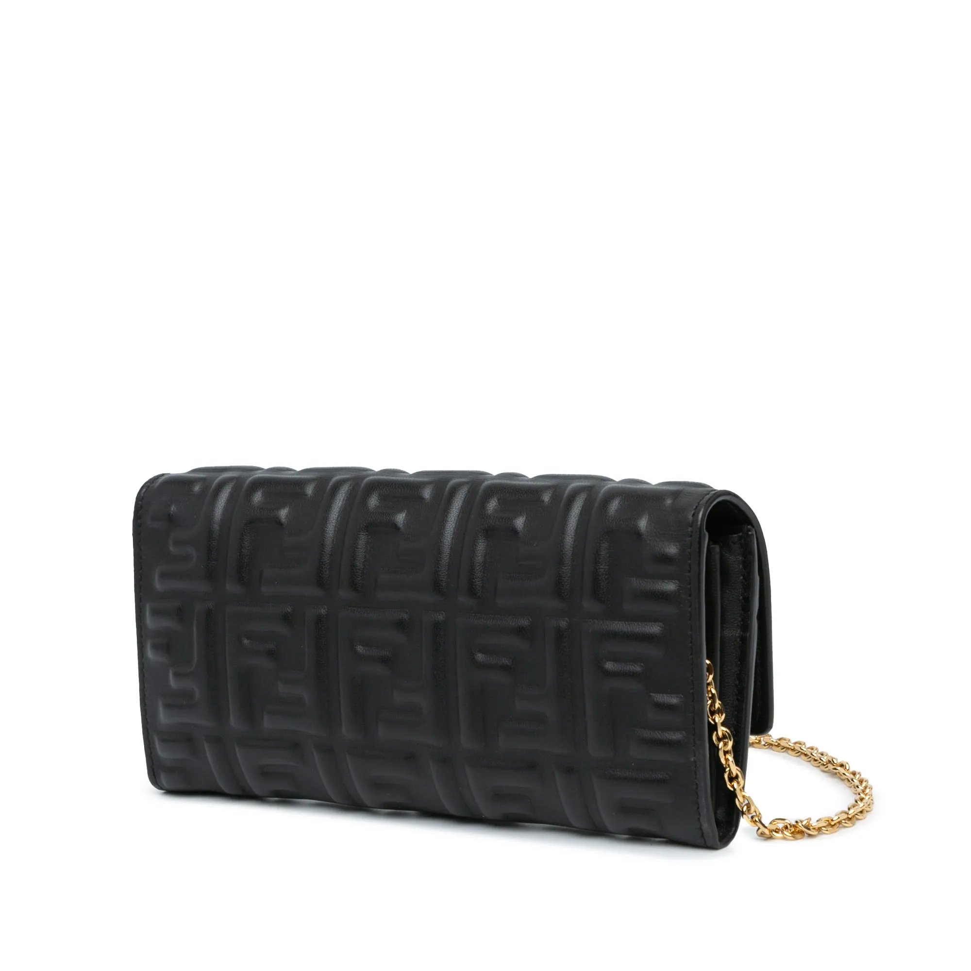 Fendi Black Zucca Embossed Leather Wallet On Chain