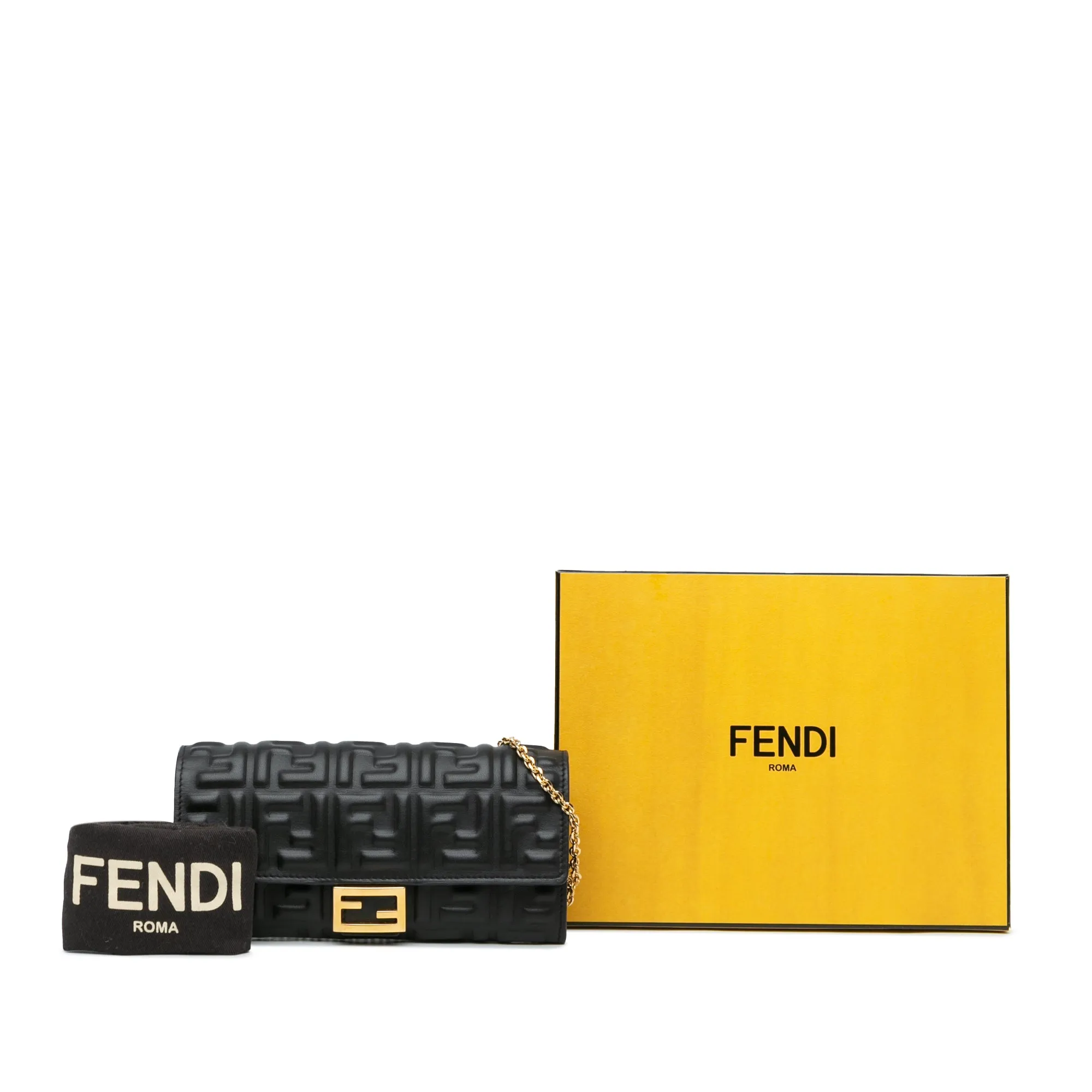 Fendi Black Zucca Embossed Leather Wallet On Chain