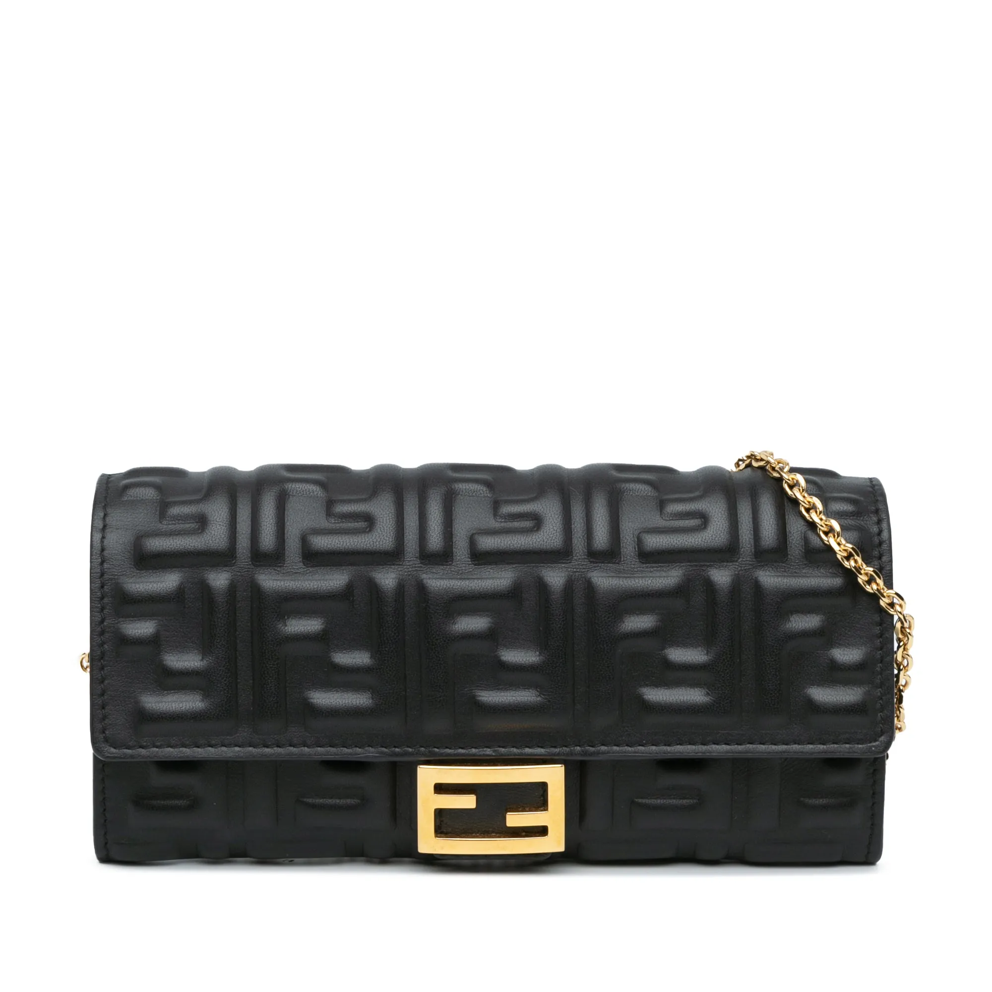 Fendi Black Zucca Embossed Leather Wallet On Chain