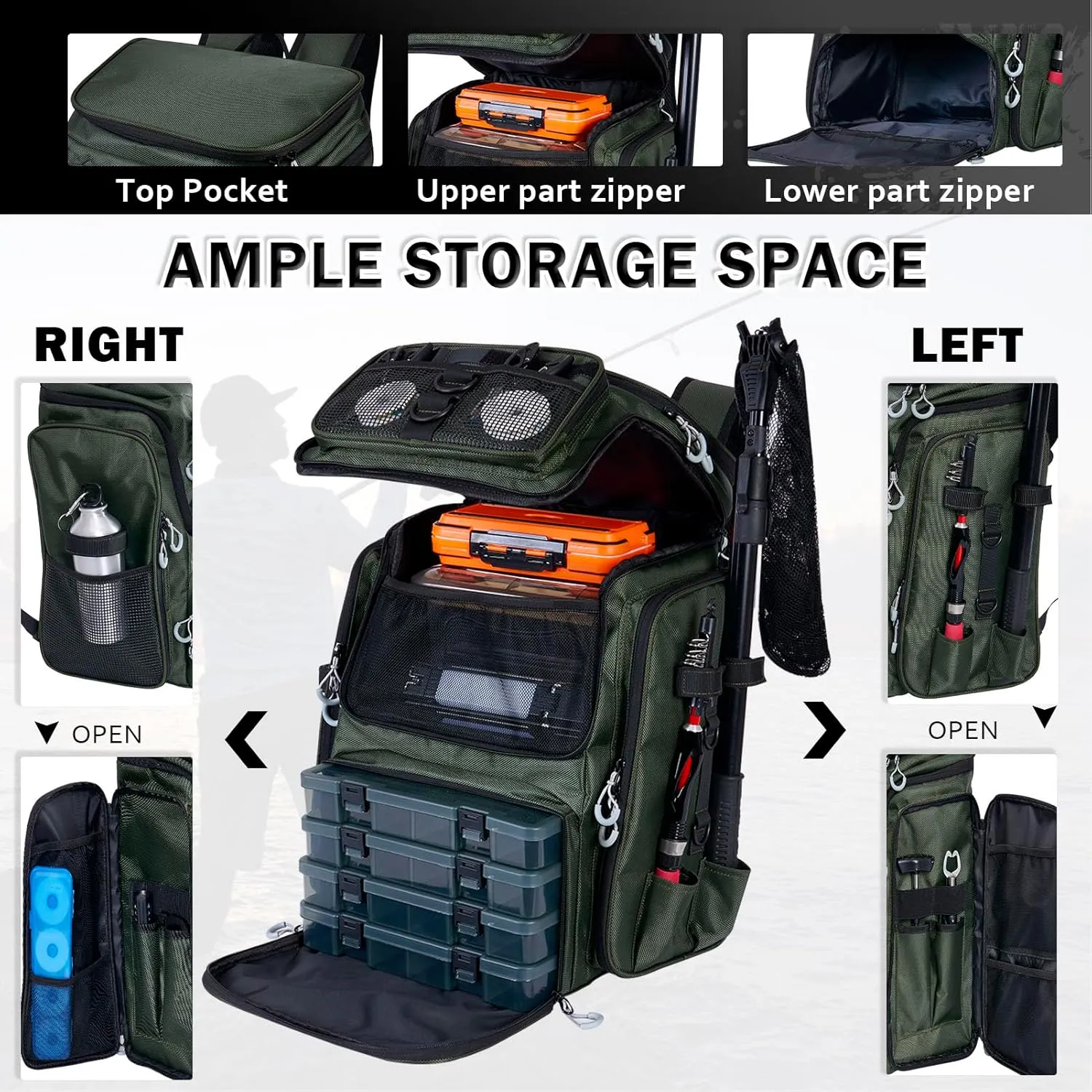 Fishing Backpack with Rod Holders,900D Oxford Water-Resistant Fishing Gear,42L Large Storage Tackle Bag for Men