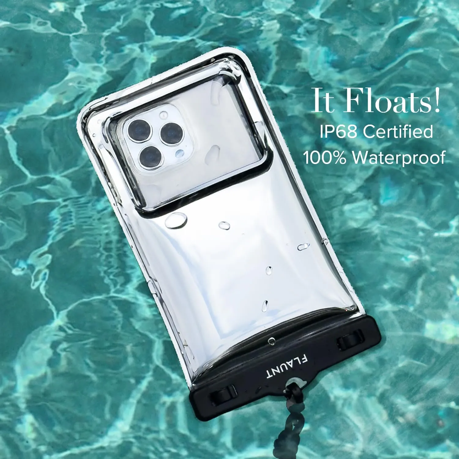 FLAUNT Silver Metallic Waterproof Floating Phone Pouch with Crossbody Lanyard - Travel Beach Cruise Ship Essentials - Large