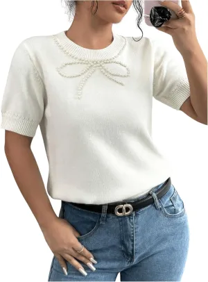 Floerns Women's Cute Pearl Beaded Bow Short Sleeve Knit Pullover Sweater Tops