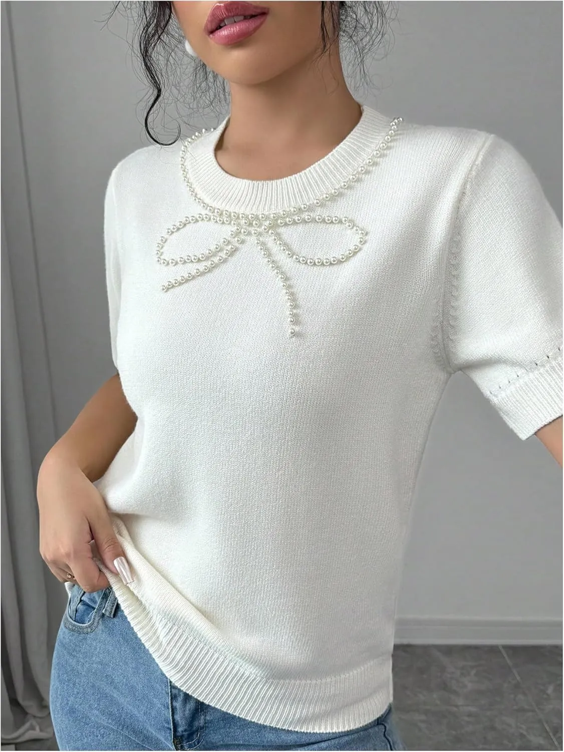 Floerns Women's Cute Pearl Beaded Bow Short Sleeve Knit Pullover Sweater Tops