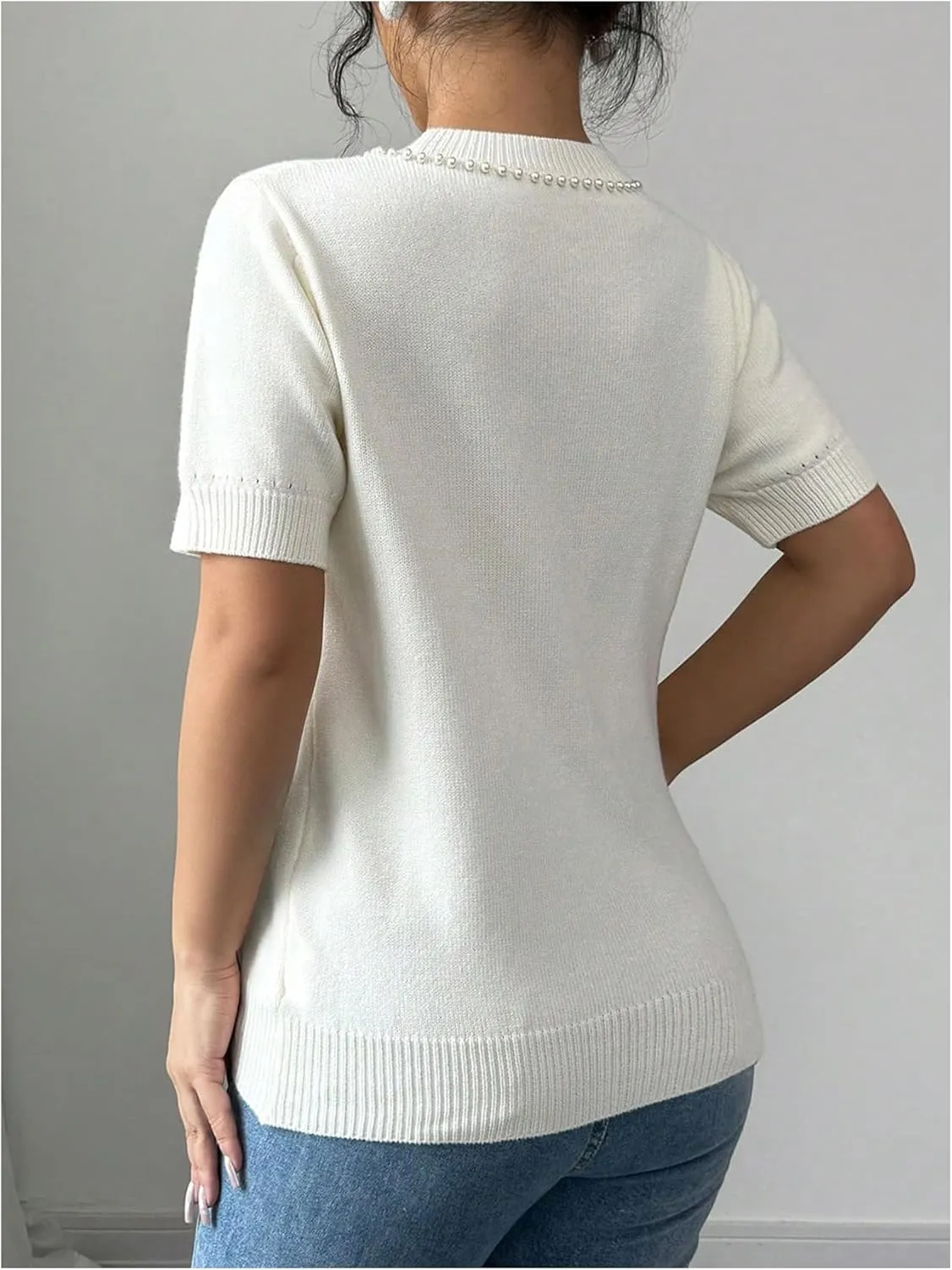 Floerns Women's Cute Pearl Beaded Bow Short Sleeve Knit Pullover Sweater Tops