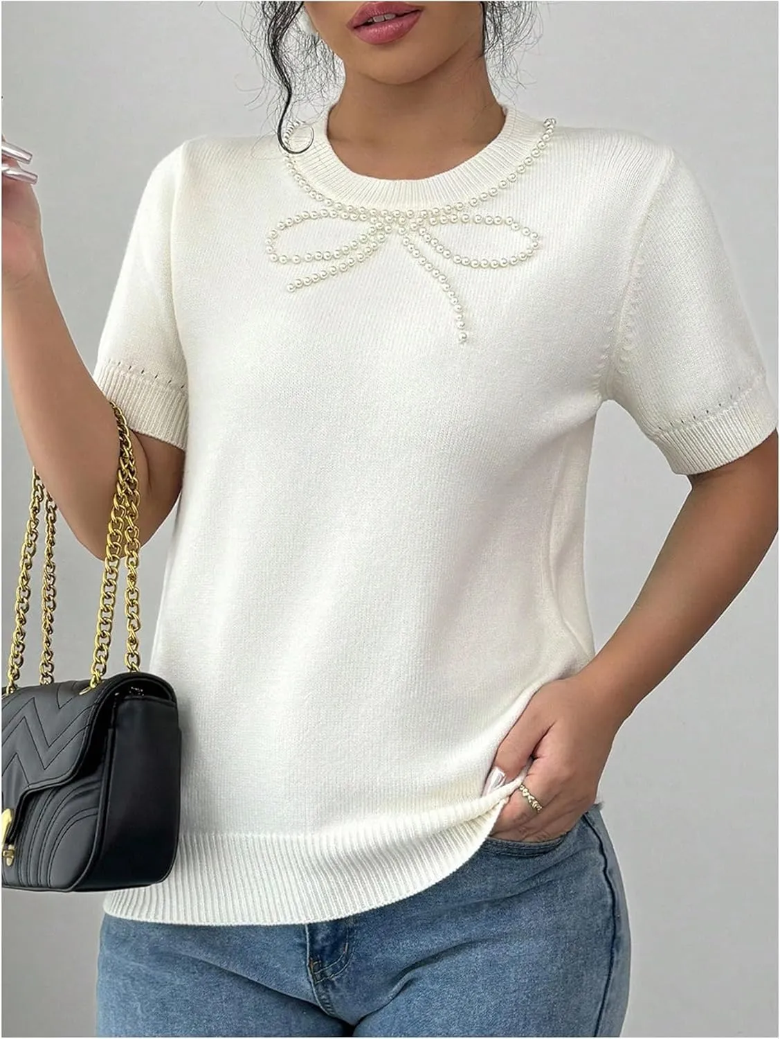 Floerns Women's Cute Pearl Beaded Bow Short Sleeve Knit Pullover Sweater Tops