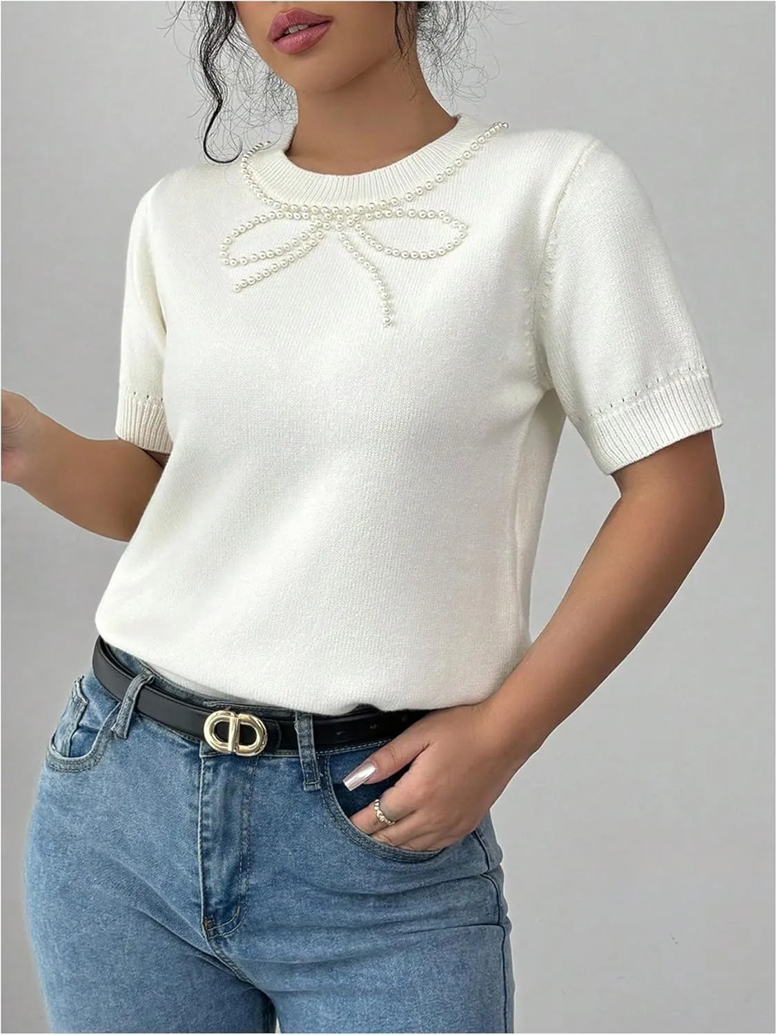 Floerns Women's Cute Pearl Beaded Bow Short Sleeve Knit Pullover Sweater Tops