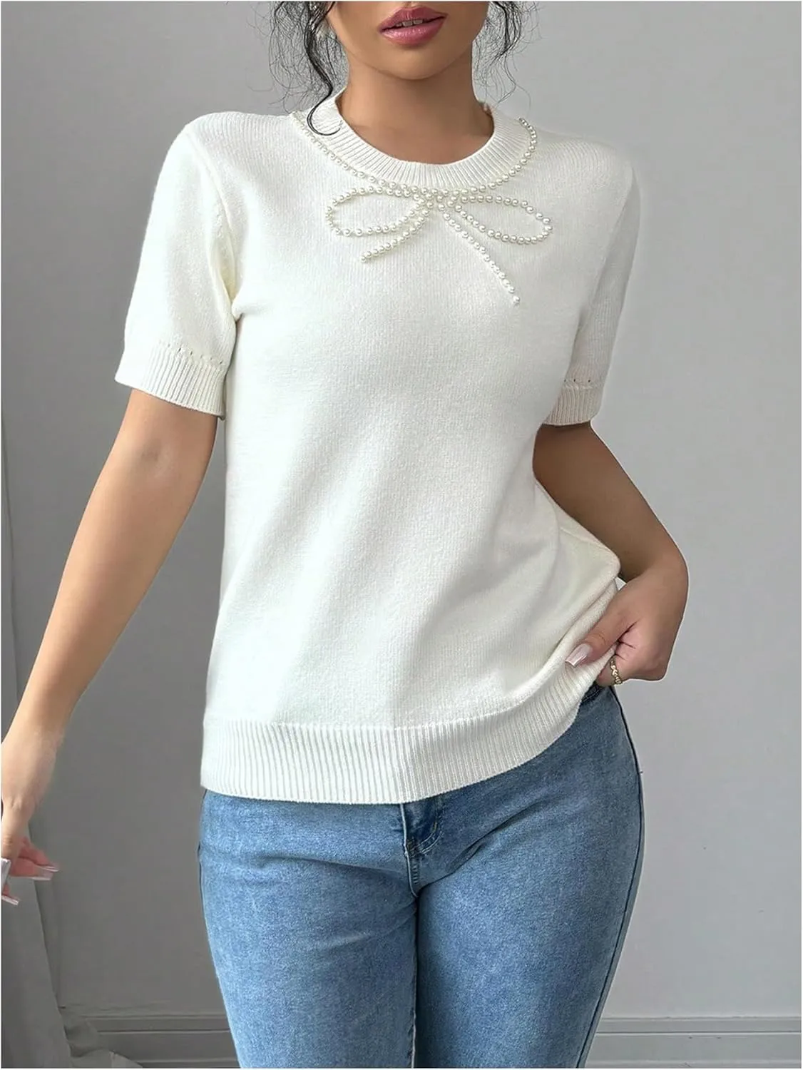 Floerns Women's Cute Pearl Beaded Bow Short Sleeve Knit Pullover Sweater Tops