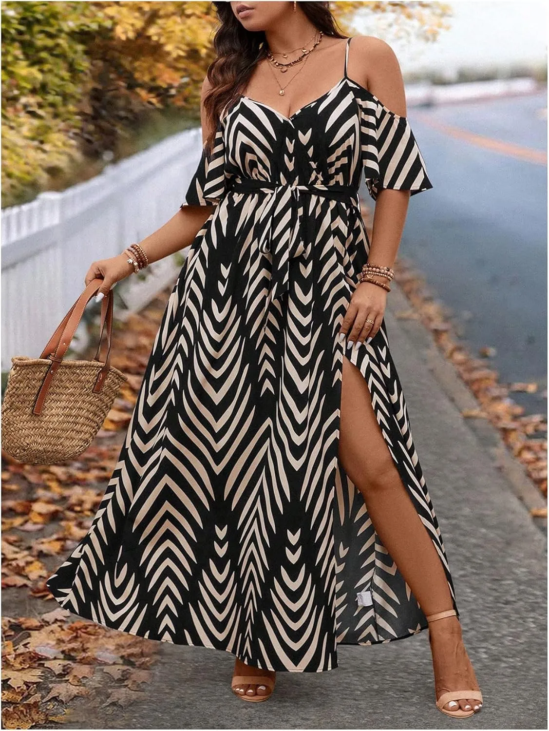 Floerns Women's Plus Size Cold Shoulder Short Sleeve Split Thigh Long Dress