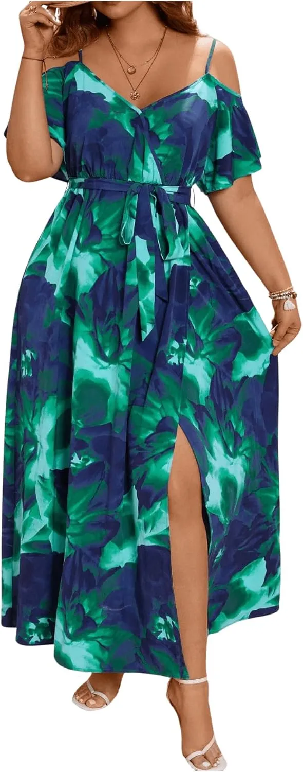 Floerns Women's Plus Size Cold Shoulder Short Sleeve Split Thigh Long Dress