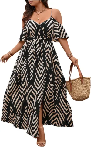 Floerns Women's Plus Size Cold Shoulder Short Sleeve Split Thigh Long Dress