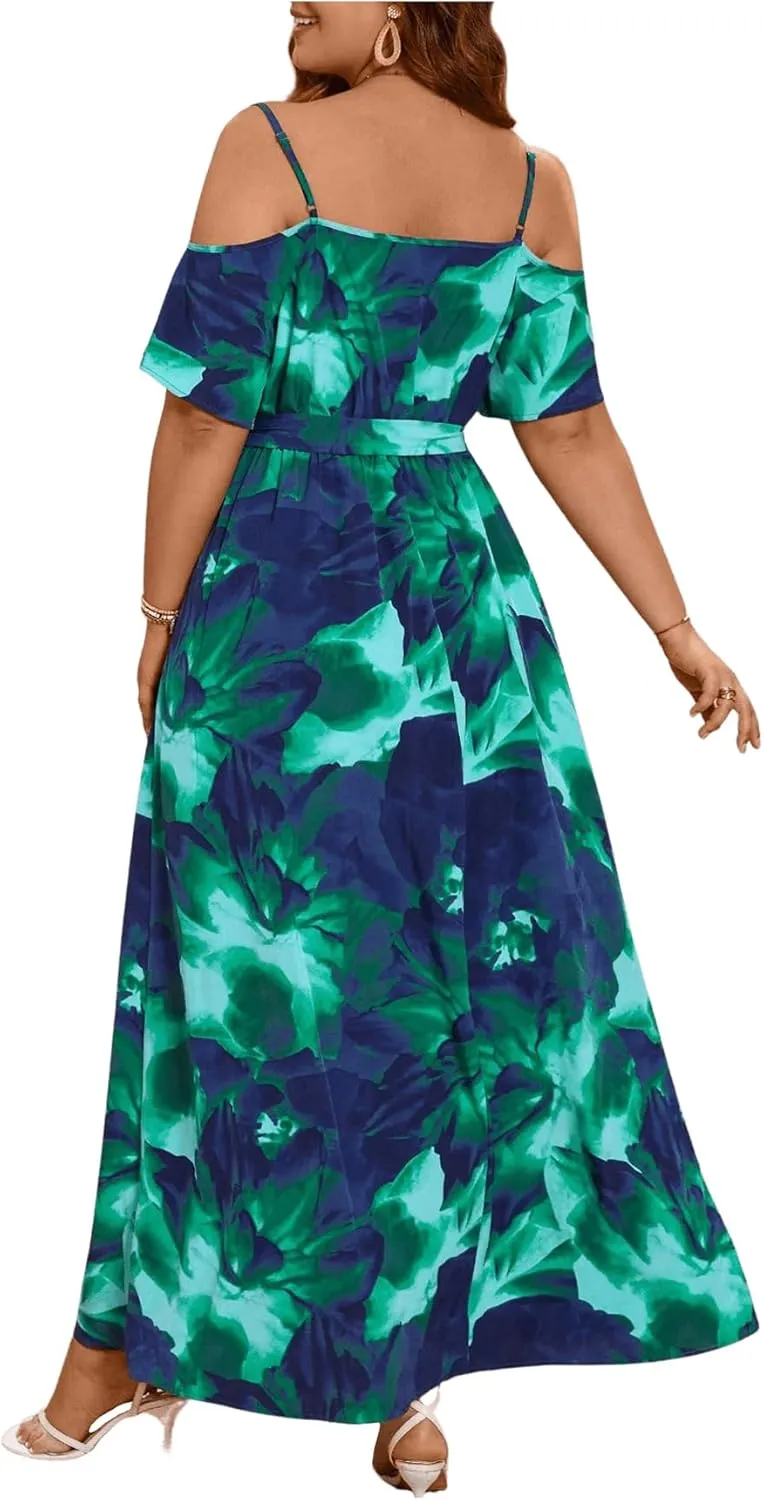 Floerns Women's Plus Size Cold Shoulder Short Sleeve Split Thigh Long Dress