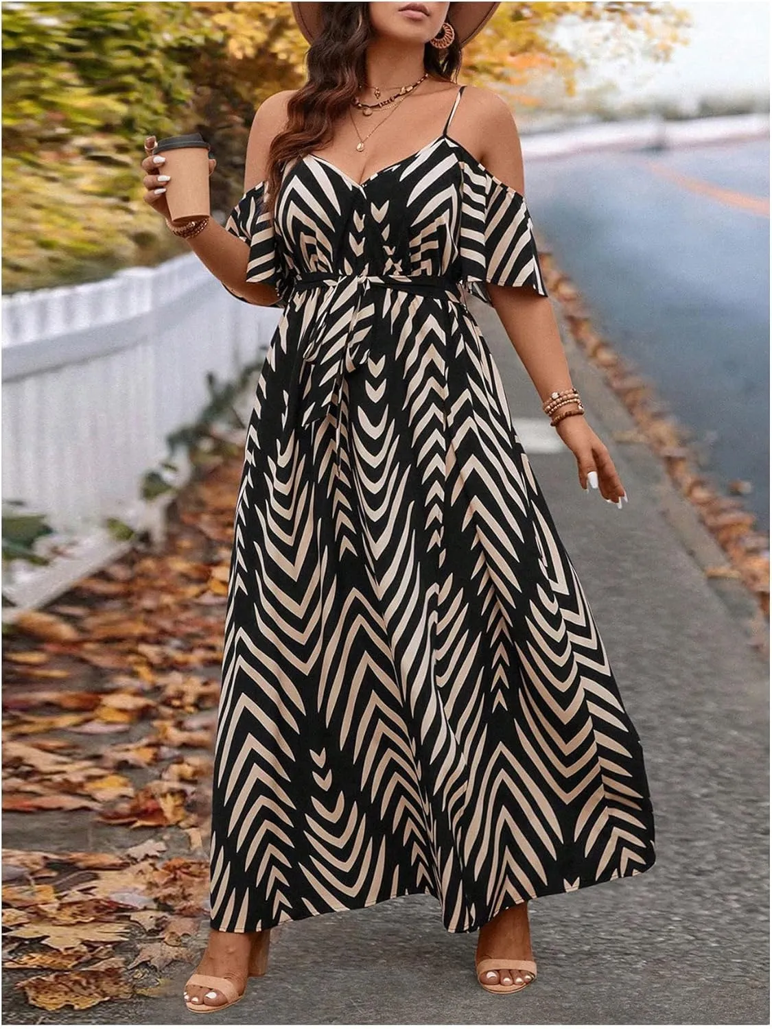 Floerns Women's Plus Size Cold Shoulder Short Sleeve Split Thigh Long Dress