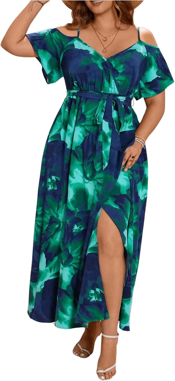 Floerns Women's Plus Size Cold Shoulder Short Sleeve Split Thigh Long Dress