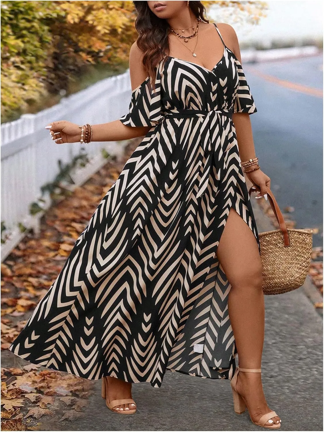 Floerns Women's Plus Size Cold Shoulder Short Sleeve Split Thigh Long Dress