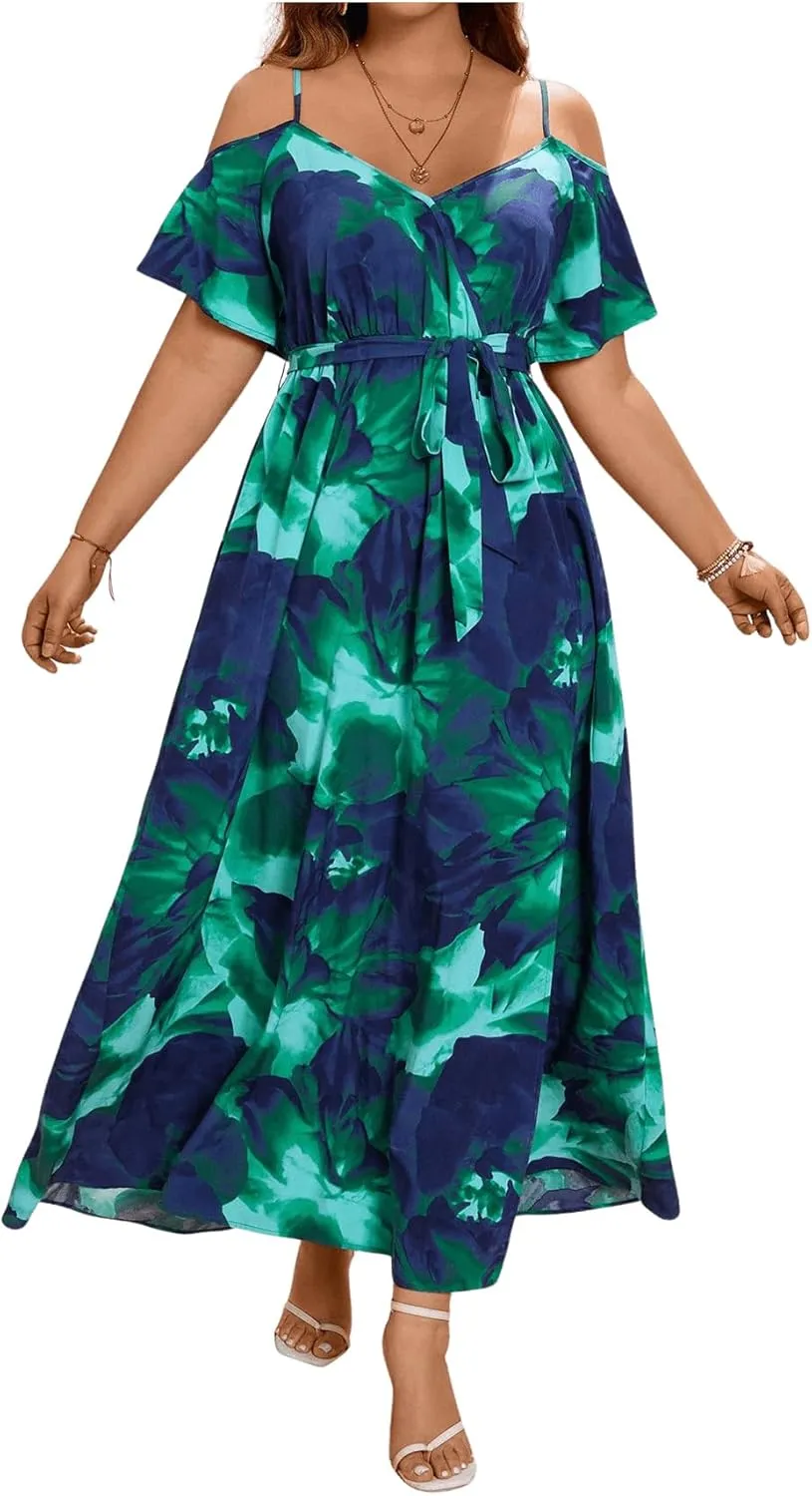 Floerns Women's Plus Size Cold Shoulder Short Sleeve Split Thigh Long Dress