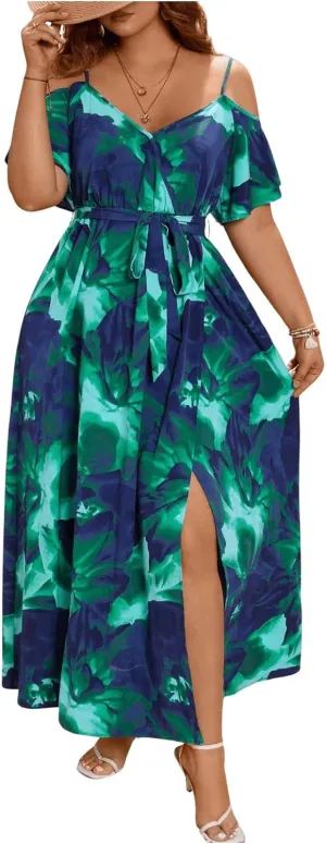 Floerns Women's Plus Size Cold Shoulder Short Sleeve Split Thigh Long Dress