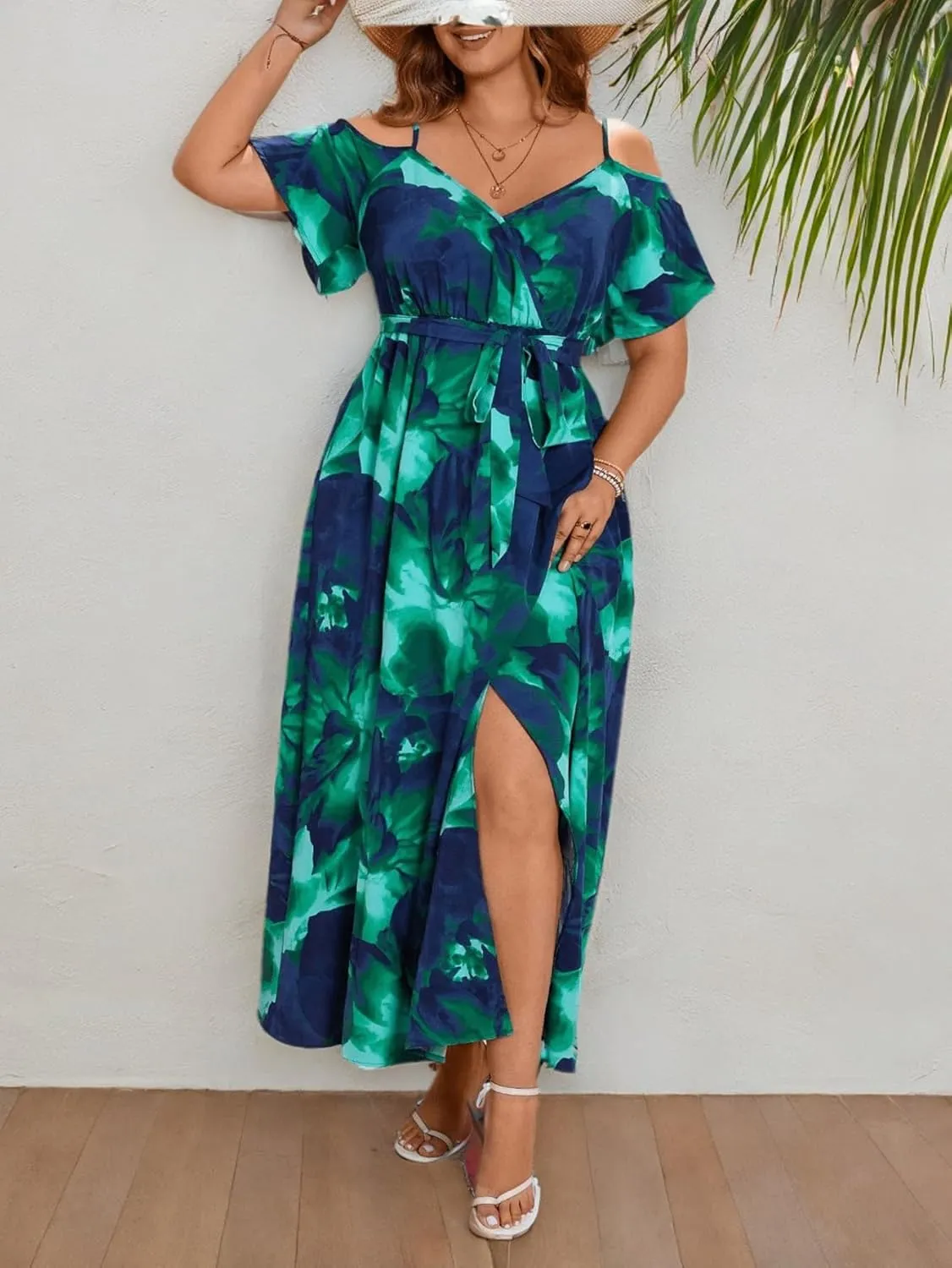 Floerns Women's Plus Size Cold Shoulder Short Sleeve Split Thigh Long Dress