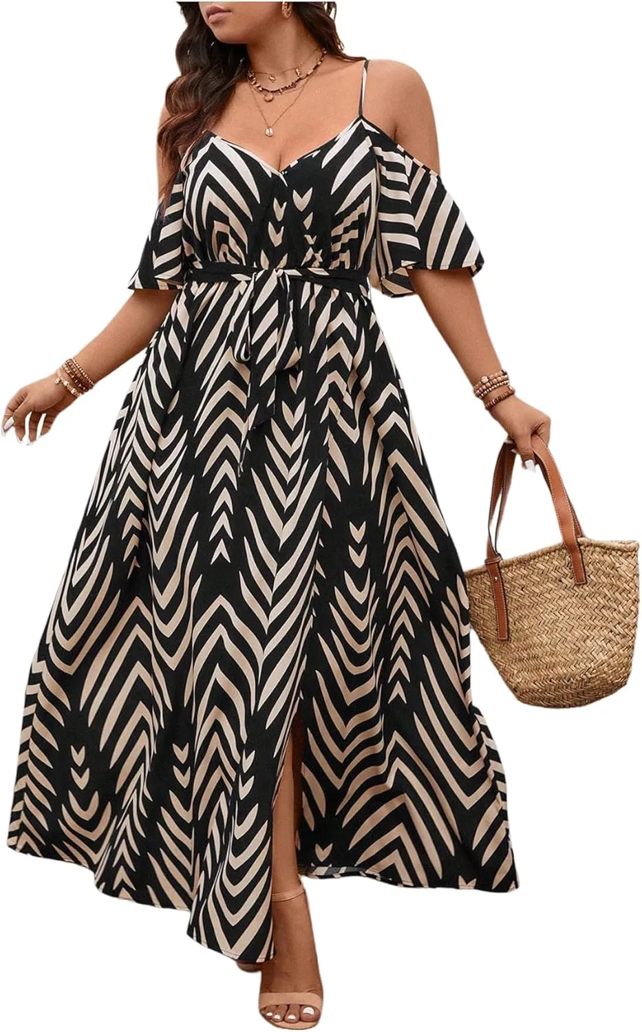 Floerns Women's Plus Size Cold Shoulder Short Sleeve Split Thigh Long Dress