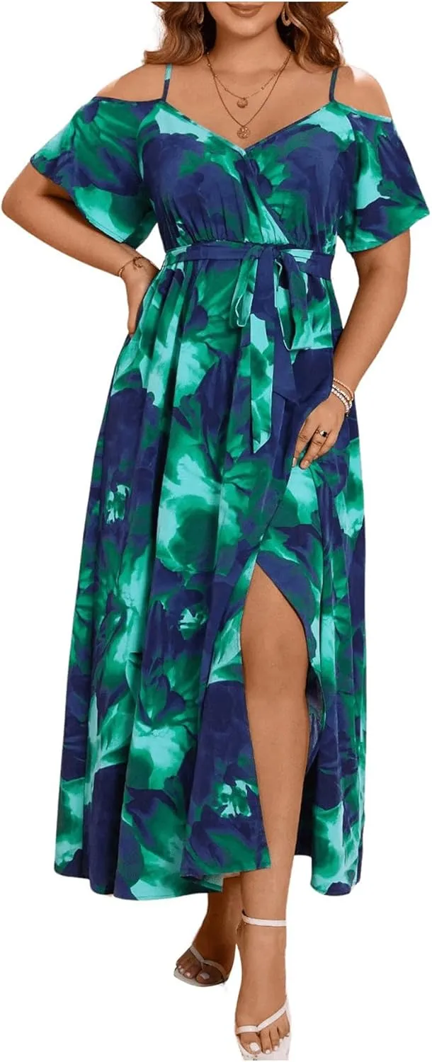 Floerns Women's Plus Size Cold Shoulder Short Sleeve Split Thigh Long Dress