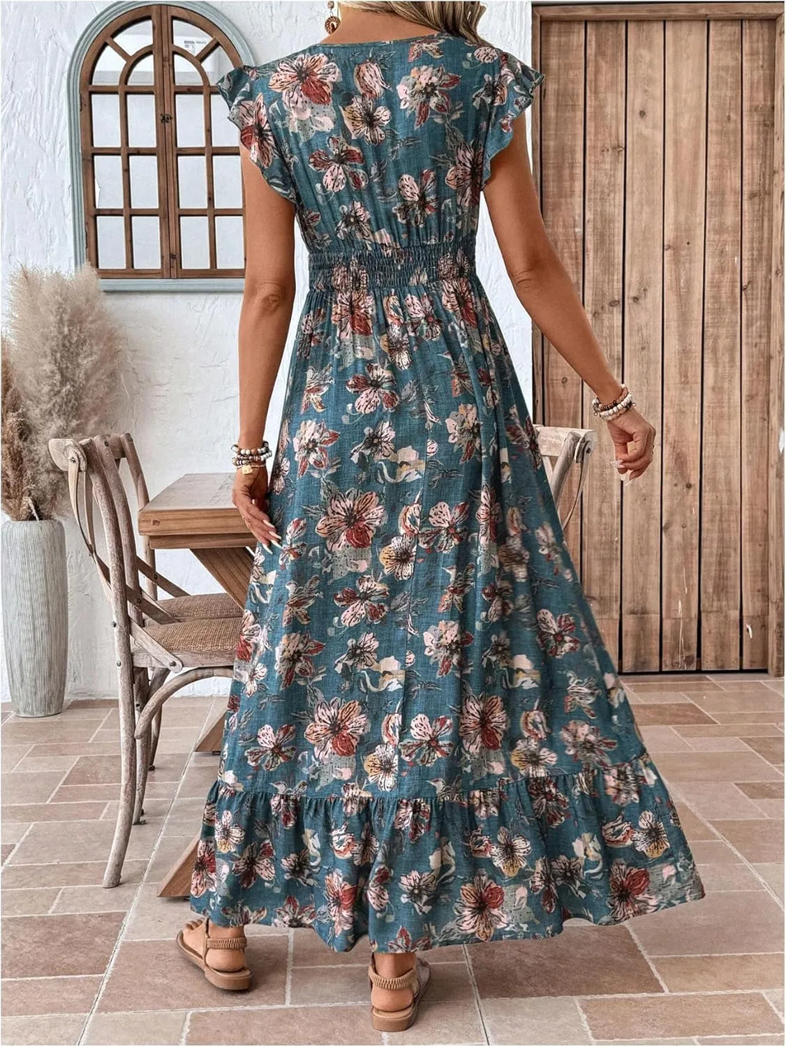 Floerns Women's Tribal Cap Sleeve A Line Dress V Neck Flounce Hem Vacation Maxi Dresses