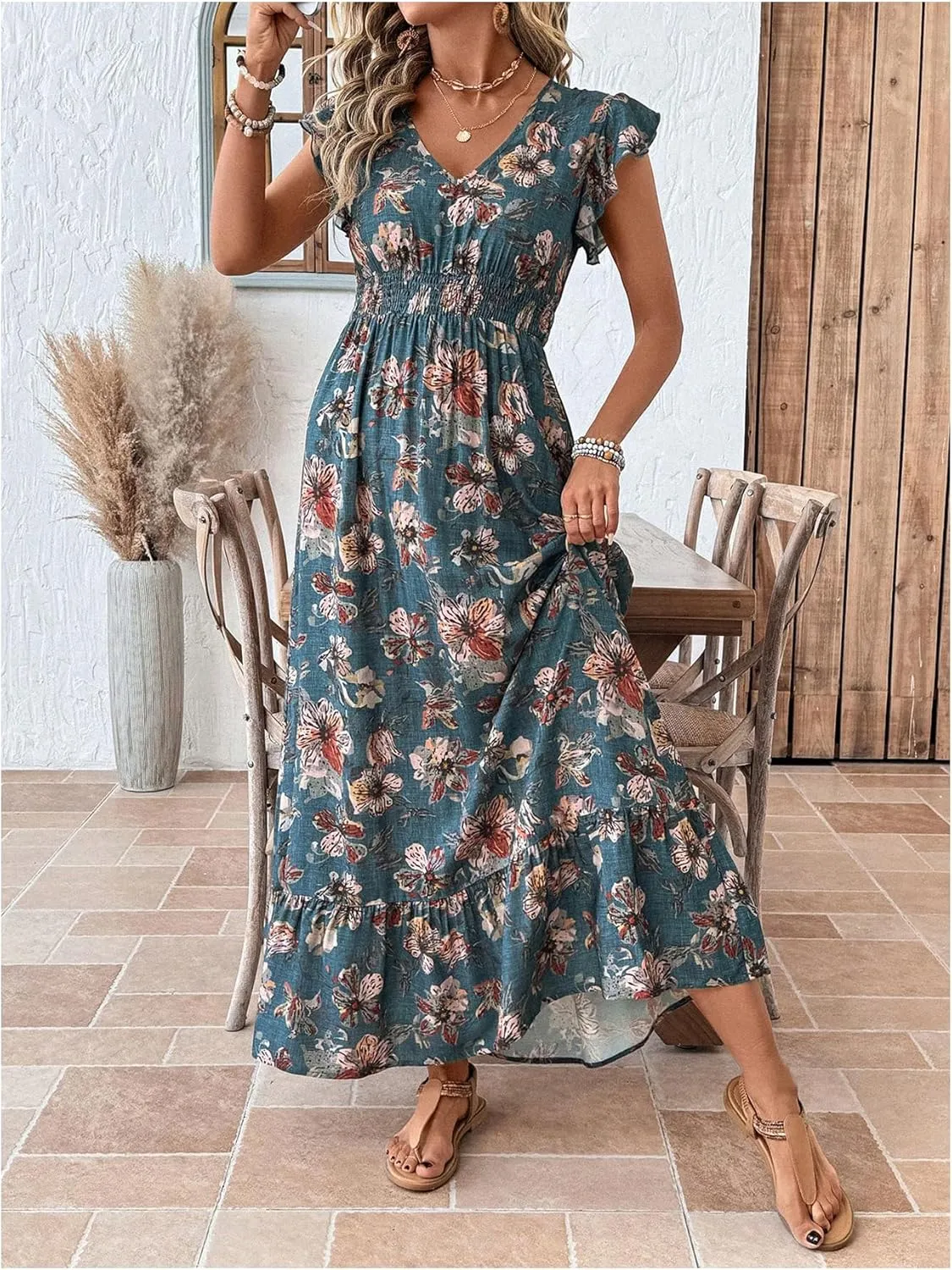 Floerns Women's Tribal Cap Sleeve A Line Dress V Neck Flounce Hem Vacation Maxi Dresses