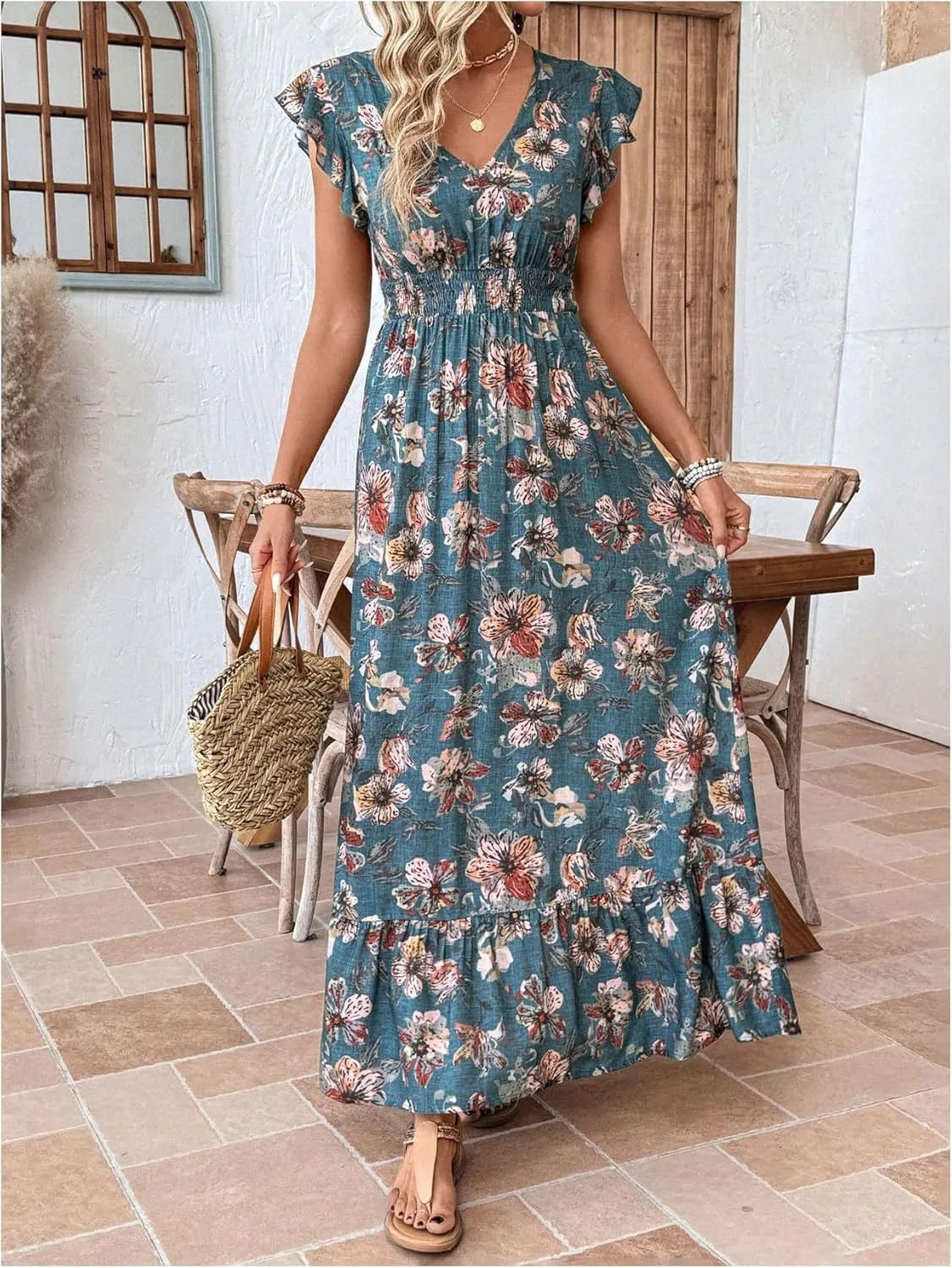 Floerns Women's Tribal Cap Sleeve A Line Dress V Neck Flounce Hem Vacation Maxi Dresses