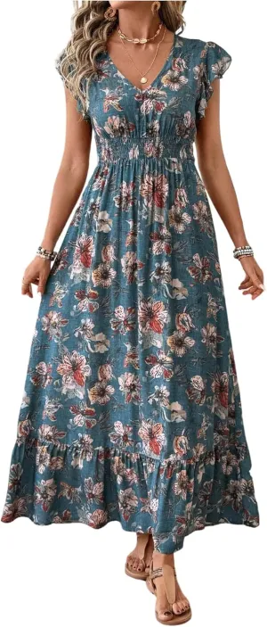 Floerns Women's Tribal Cap Sleeve A Line Dress V Neck Flounce Hem Vacation Maxi Dresses