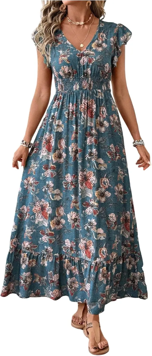 Floerns Women's Tribal Cap Sleeve A Line Dress V Neck Flounce Hem Vacation Maxi Dresses