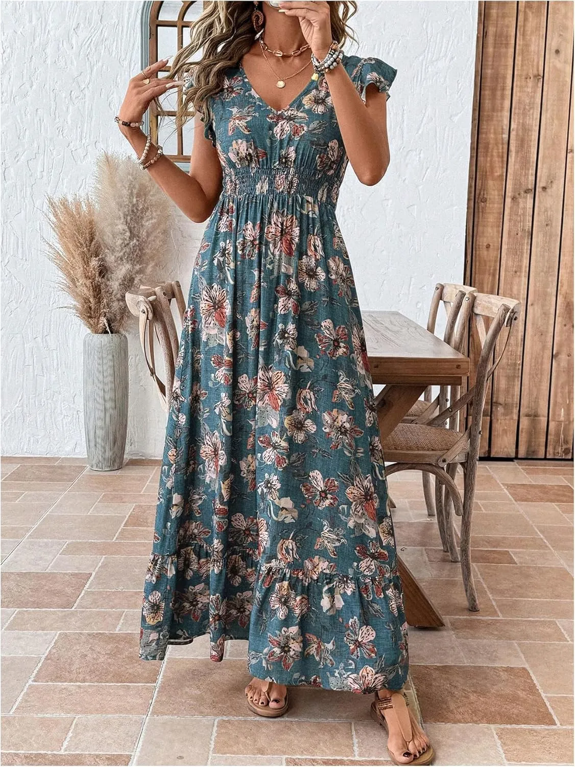 Floerns Women's Tribal Cap Sleeve A Line Dress V Neck Flounce Hem Vacation Maxi Dresses