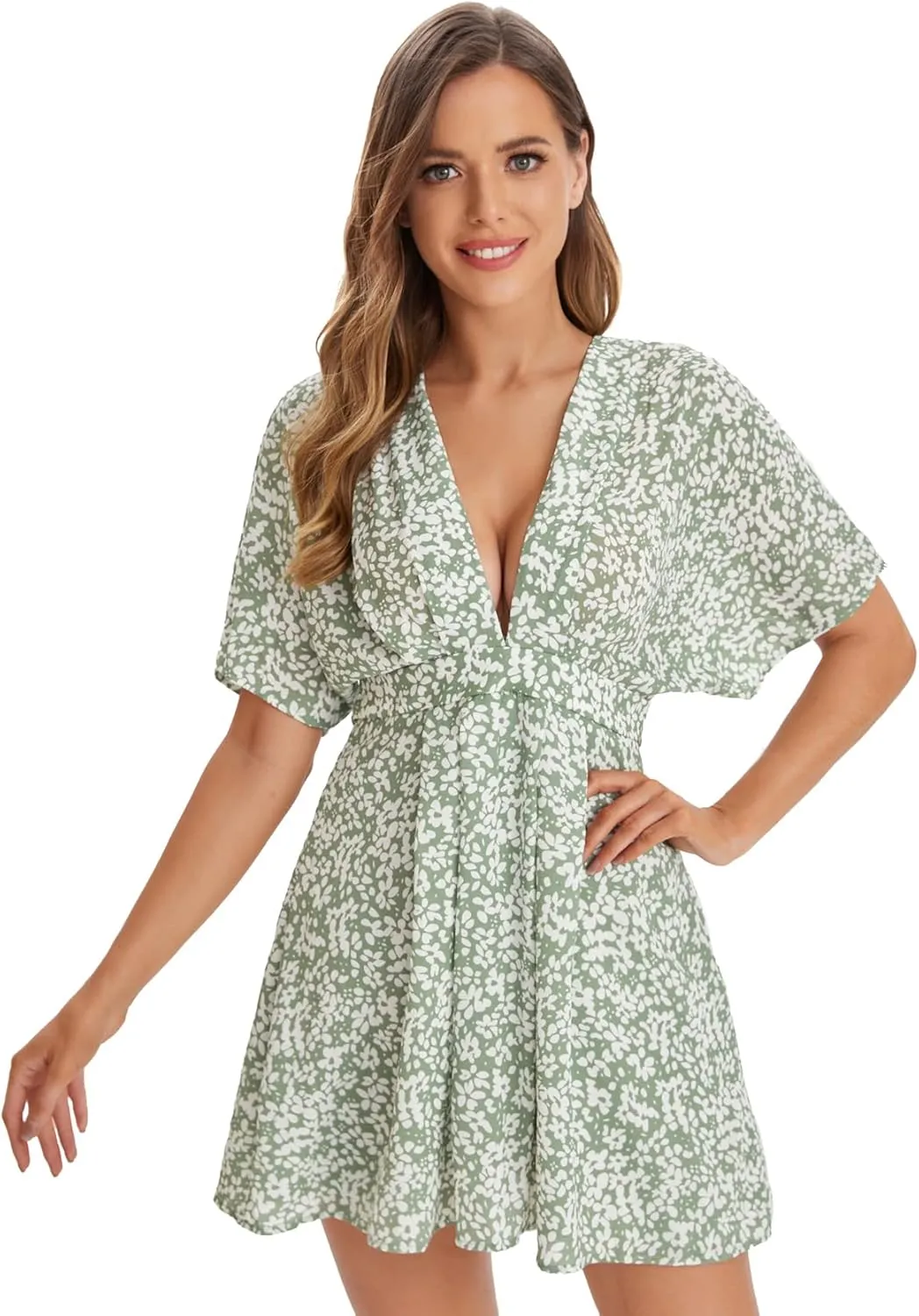 Floerns Women's Tropical Floral Plunging V Neck Tie Open Back Summer Short Dress