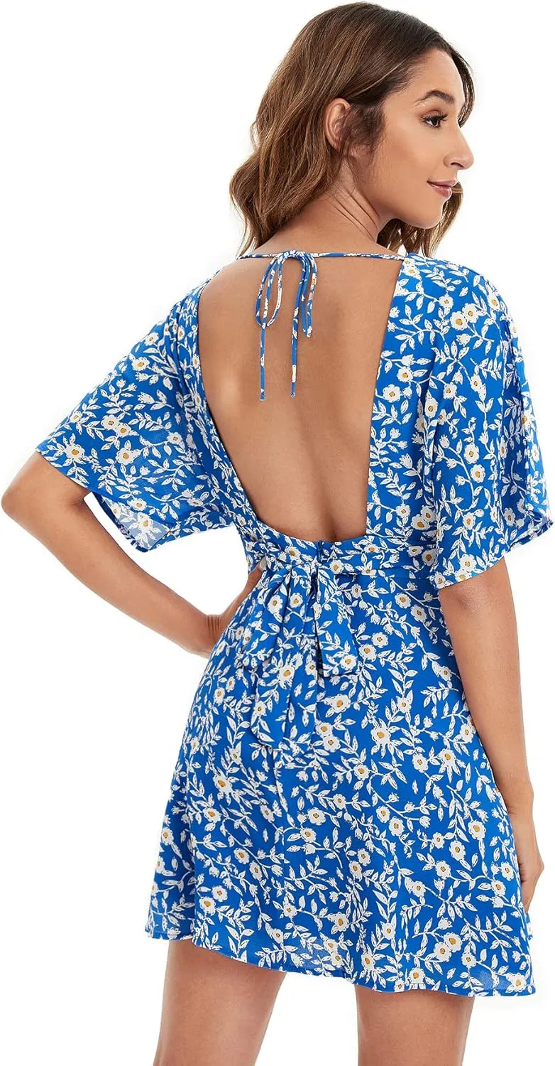 Floerns Women's Tropical Floral Plunging V Neck Tie Open Back Summer Short Dress
