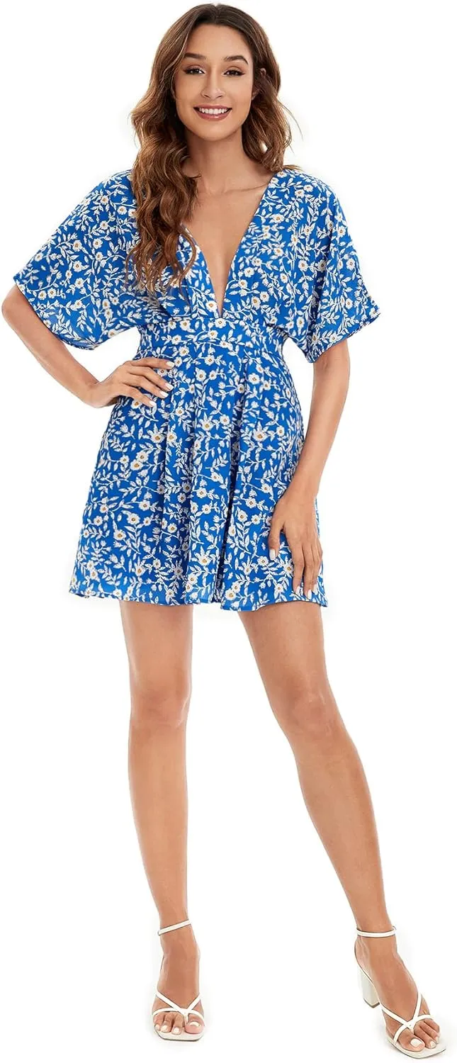 Floerns Women's Tropical Floral Plunging V Neck Tie Open Back Summer Short Dress