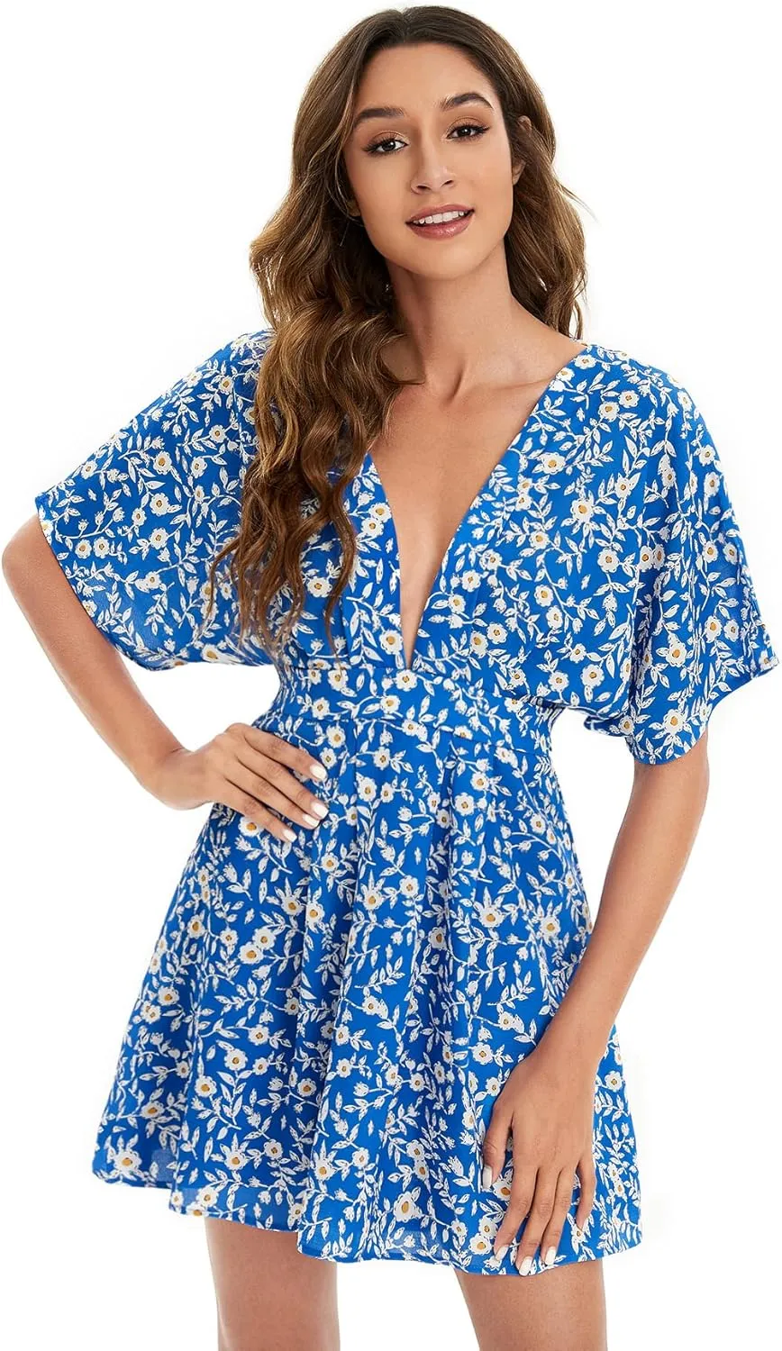 Floerns Women's Tropical Floral Plunging V Neck Tie Open Back Summer Short Dress