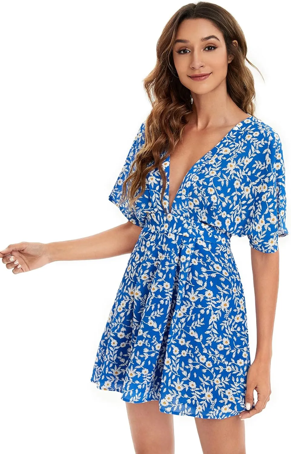 Floerns Women's Tropical Floral Plunging V Neck Tie Open Back Summer Short Dress
