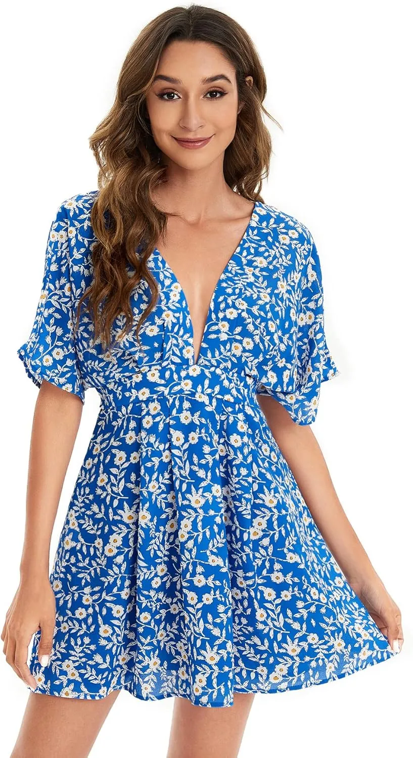 Floerns Women's Tropical Floral Plunging V Neck Tie Open Back Summer Short Dress