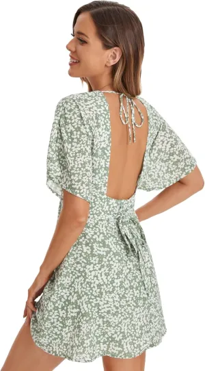 Floerns Women's Tropical Floral Plunging V Neck Tie Open Back Summer Short Dress