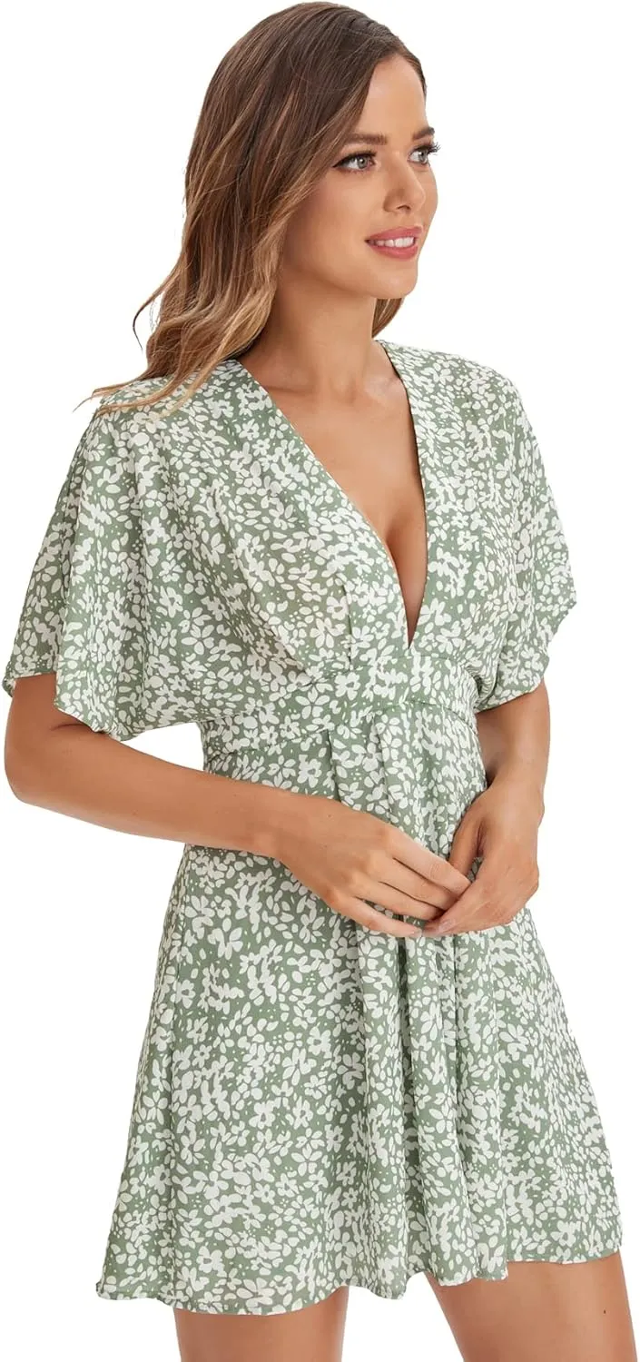 Floerns Women's Tropical Floral Plunging V Neck Tie Open Back Summer Short Dress