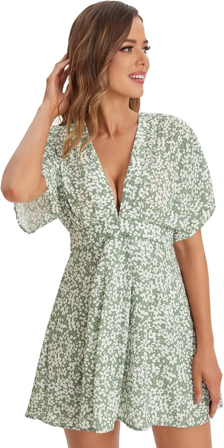 Floerns Women's Tropical Floral Plunging V Neck Tie Open Back Summer Short Dress