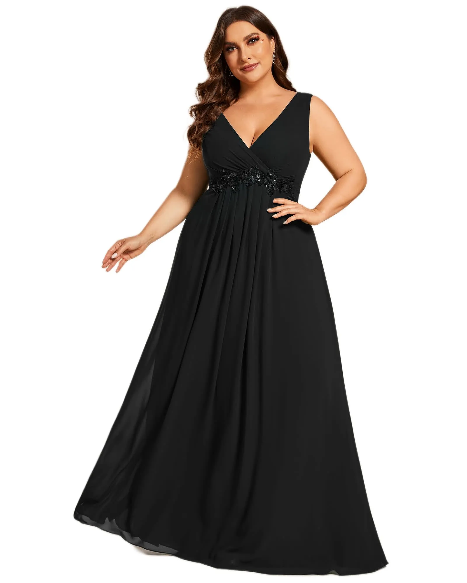 Floral Applique Sleeveless Chiffon Long Formal Evening Dress | Black