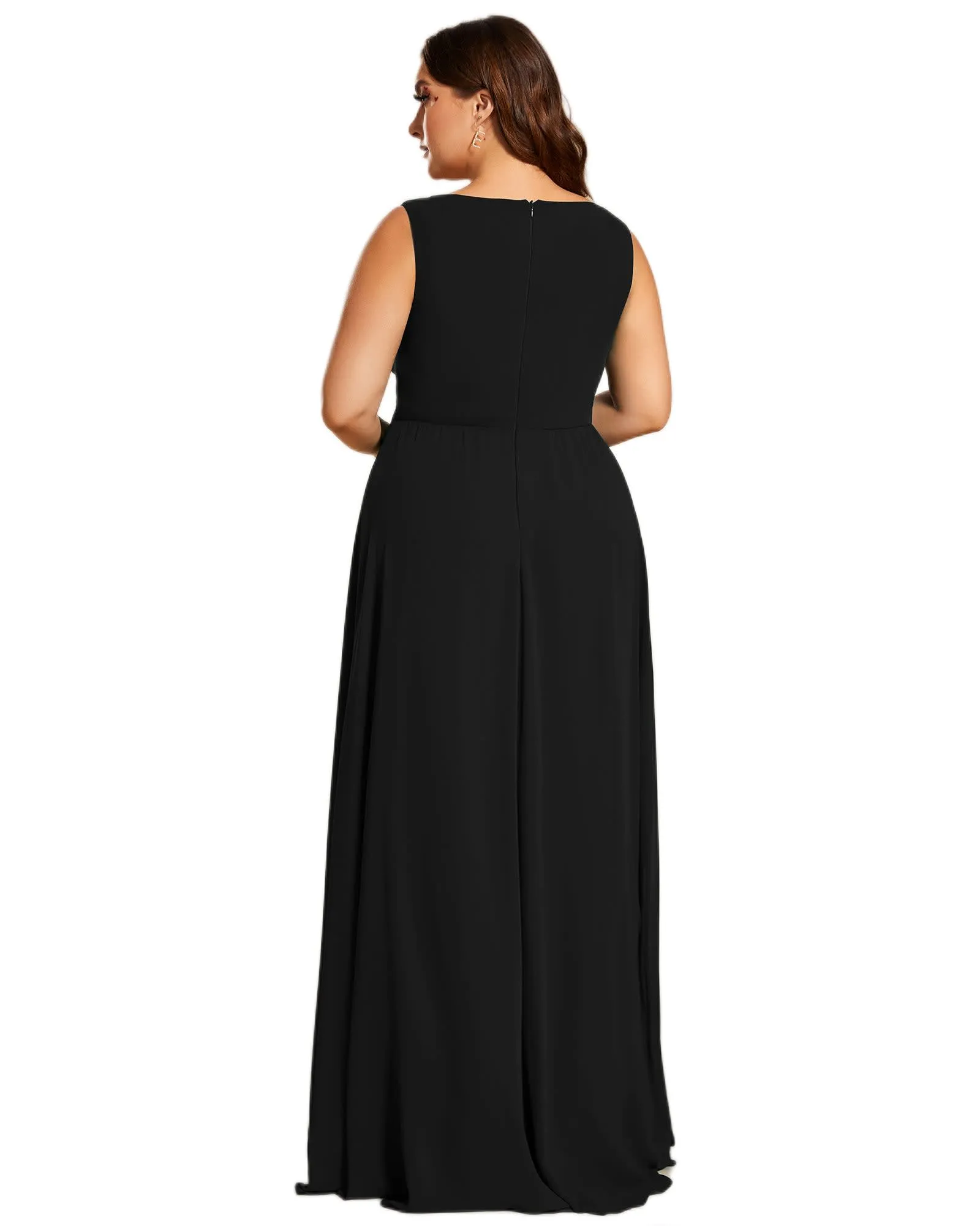 Floral Applique Sleeveless Chiffon Long Formal Evening Dress | Black