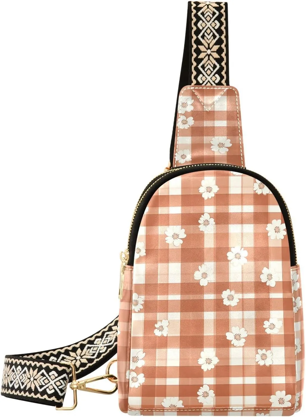 Floral Check Mini Crossbody Bag with Full-Print PU Leather Fashion Waist Pack with Adjustable Strap & Card Holder Great for Hiking Fishing Beach Travel & More