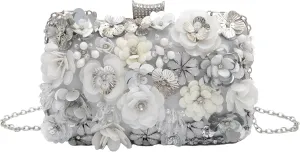 Floral Evening Bag for Women Beaded Clutch Purse with Sequins & Rhinestone Wedding Party Handbag with Chains