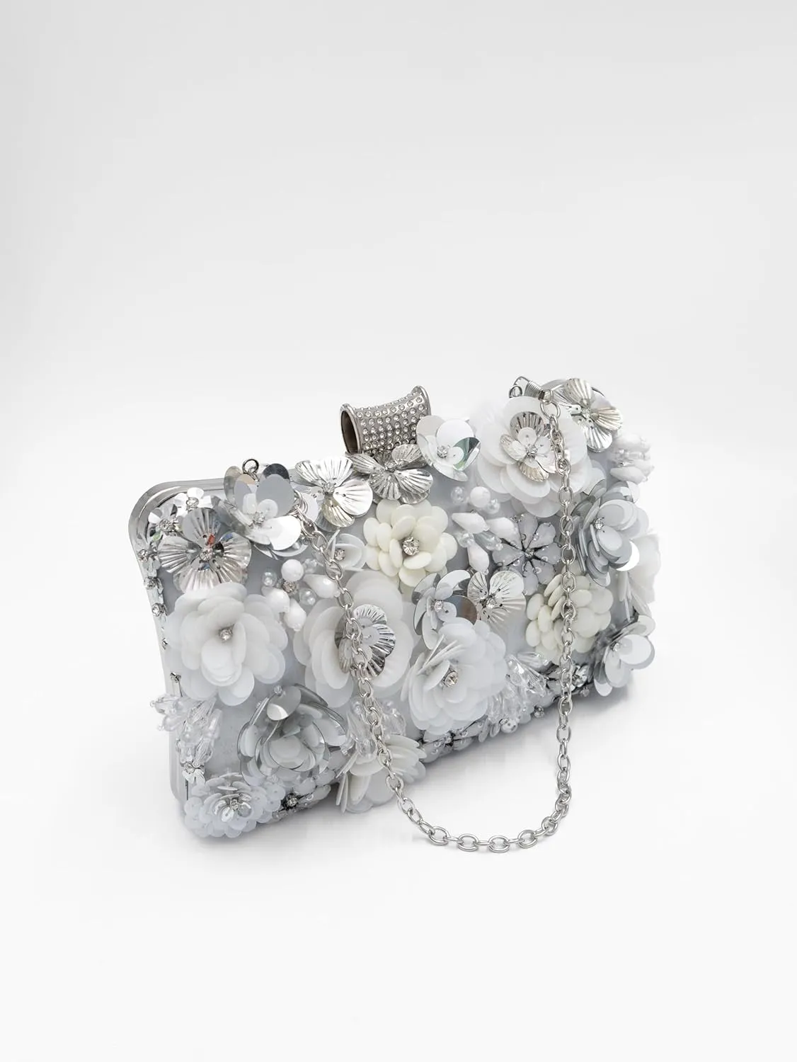 Floral Evening Bag for Women Beaded Clutch Purse with Sequins & Rhinestone Wedding Party Handbag with Chains