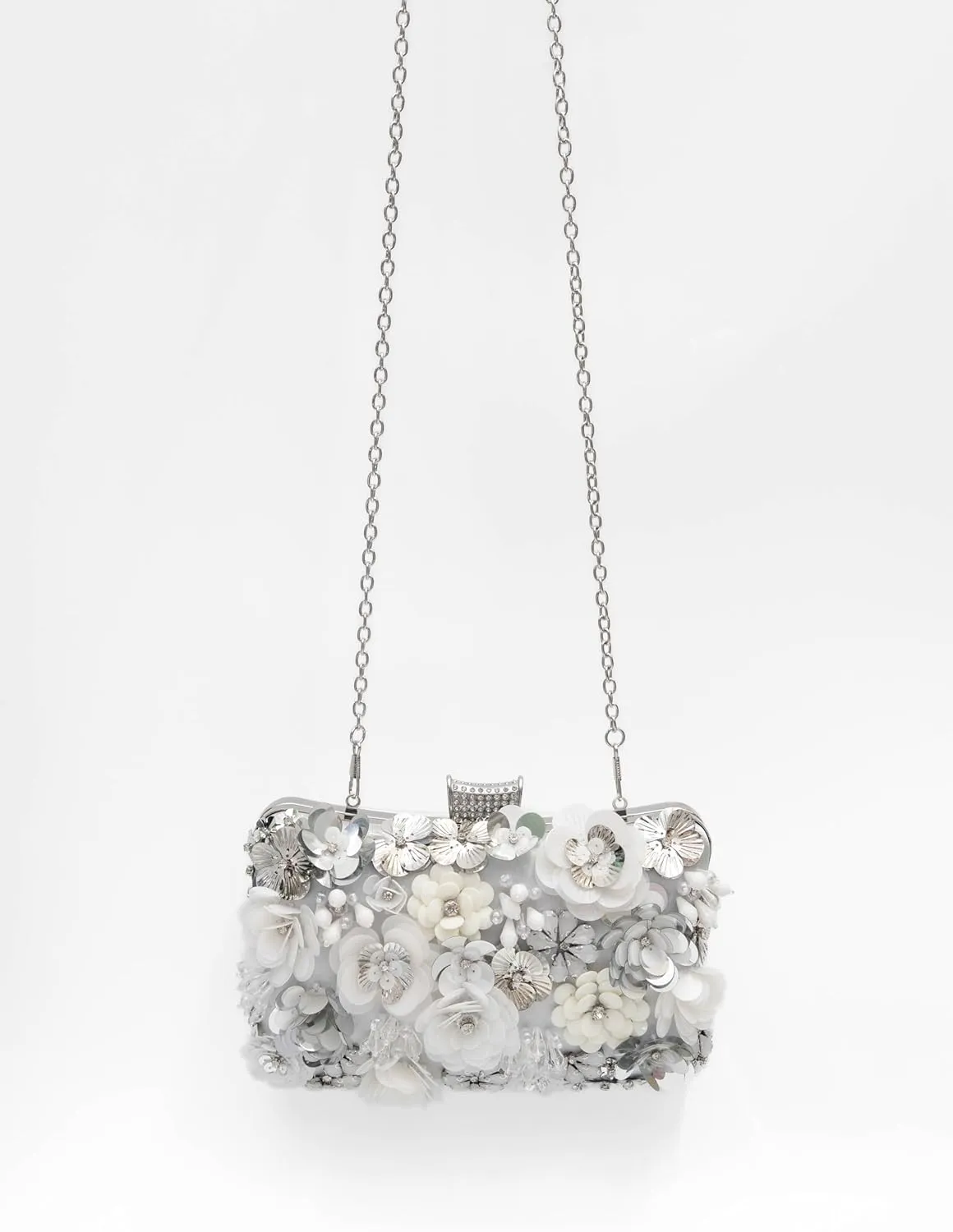 Floral Evening Bag for Women Beaded Clutch Purse with Sequins & Rhinestone Wedding Party Handbag with Chains